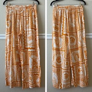 Linen Blend Tropical Caribbean Print Wide Leg Elastic Waist Pull On Pants Medium